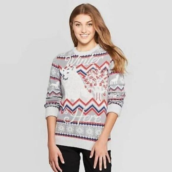 2/$30 Game of Thrones Winter Is Here Fair Isle Wolf Long Sleeve Sweater Top - Picture 3 of 10